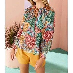 Marie Oliver patchwork Jenna patterned multi color blouse flowy top oversized